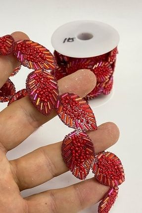 Kırmızı Yaprak Desenli Ütüyle Yapışan Şerit Taşlı Aplik SA-1095
