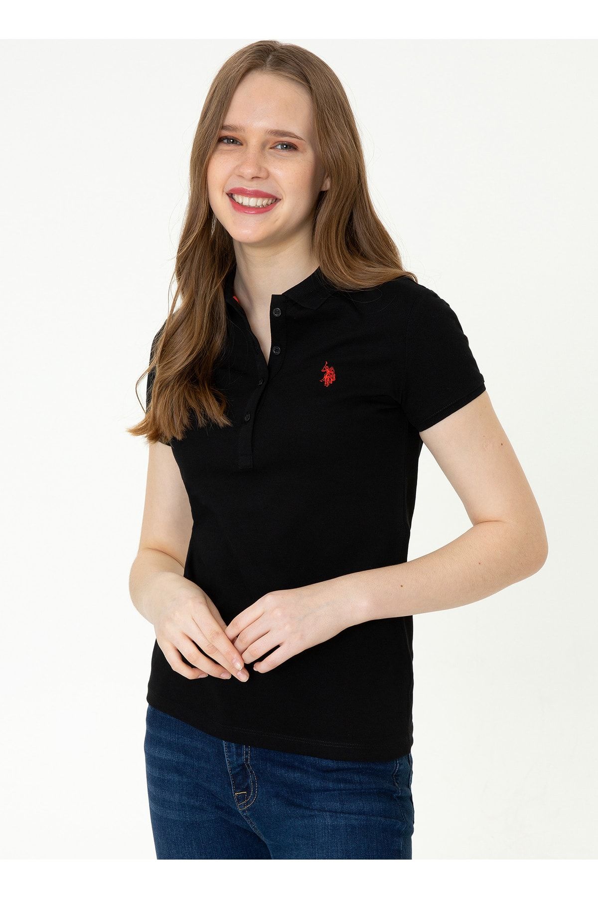 U.S. Polo Assn. تی شرت زنانه مشکی طرح استاندارد یقه پولو Gtp-ıy022