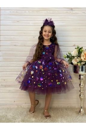 Kız Çocuk Kartanesi Baskılı Mor Renk Abiye Elbise TYC00479251587