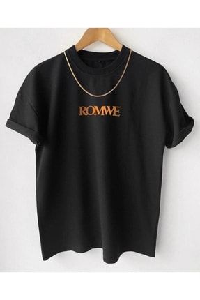 Unisex Siyah Romwe Baskılı Oversize T-shirt ufktsrt-288