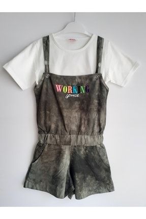Kız Çocuk Haki Batik Renkli Yazlık Şortlu Salopet Tulum Ve Tshirt 5003127-1