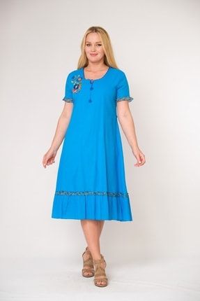 Kadın Yazlık Pamuklu Elbise Turkuaz - 90886