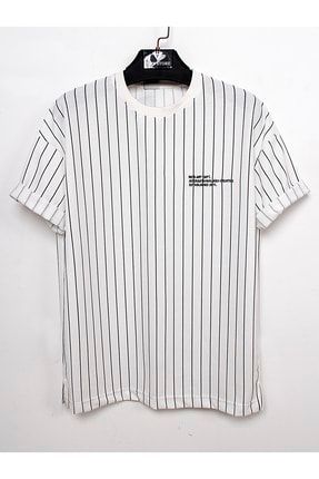 Erkek Yeni Sezon Beyaz Waffle Kumaş Şeritli Oversize T-shirt SLTR01