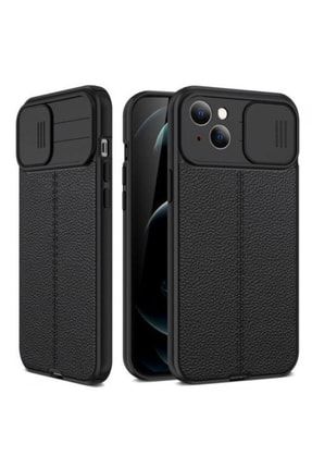 Iphone 13 Uyumlu Kılıf Kamera Sürgülü Deri Dokulu Mat Silikon+nano Glass Koruyucu Siyah krks202205211081