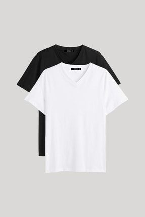 Erkek Siyah-beyaz T- Shirt Regular Fit Rahat Kesim V Yaka 2'li Basic Tişört Paketi MTLCOV36-2