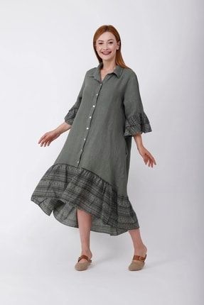 Italyan Özel Tasarım Kilim Desen Dataylı Önden Düğmeli Elbise BHMSTL6515