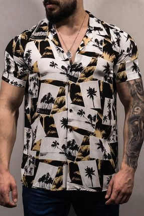 Kısa Kollu Yazlık Palmiye Desen Hawai Gömlek rick1000