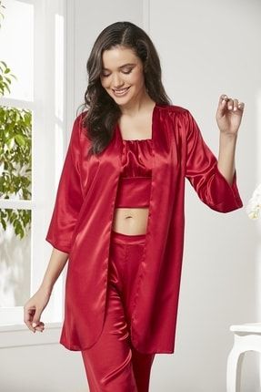 Kadife Saten 3'lü Pijama Takım - 2075 Kırmızı P22030S3930
