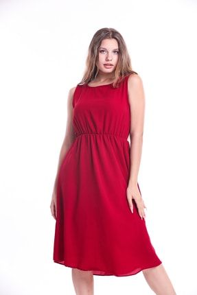 Kırmızı Beli Büzgülü Alaçatı Kolsuz Yazlık Elbise TYC00483449353