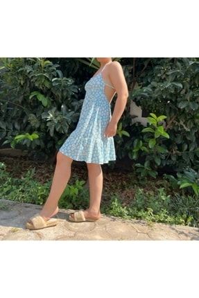 Kadın Mavi Sırt Dekolteli Papatya Desenli Elbise A500B800