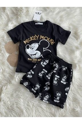 Erkek Çocuk Siyah Disney Mickey Mouse Pamuklu Tişört Şort Alt-üst Takım HVSiyahTakım-00