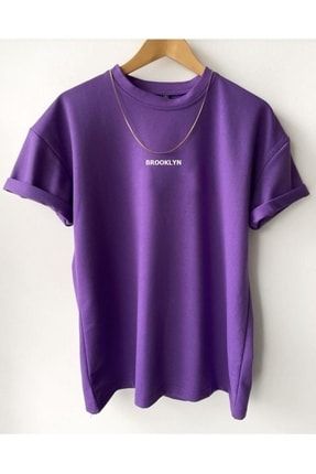 Erkek Mor Brooklyn Baskılı Unisex Oversize T-shirt ufktsrt-275