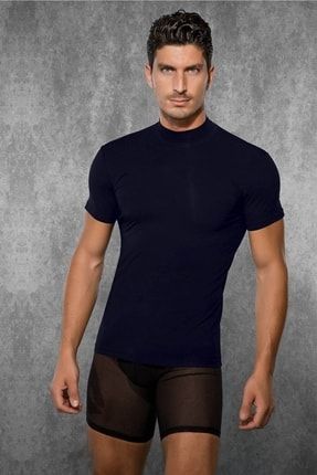 Erkek Lacivert Modal Boğazlı Yaka Kısa Kol T Shirt Çetiner-2730