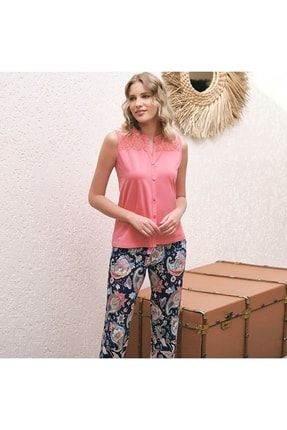 Kadın Pamuklu Kolsuz Dantelli T-shirt Ve Çiçek Baskılı Pantolon Pijama Takım 9771 NTTRSSANL9771