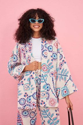Etnik Desenli Oversıze Kesim Keten Karışımlı Kimono Ceket 32619