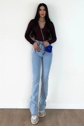 Mavi Yırtmaçlı Yüksek Bel Slim Flare Jeans YRTMAC1530