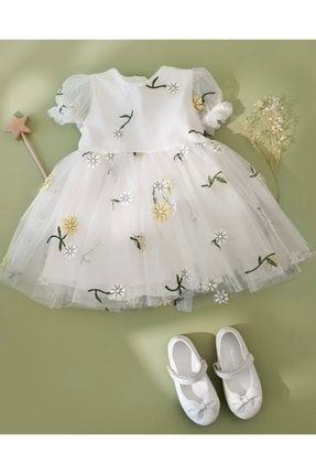 Kız Çocuk Beyaz Tül Papatya Desen Elbise Yaya6222