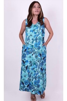 Paraşüt Kumaş Mavi Çiçekli Elbise 000980