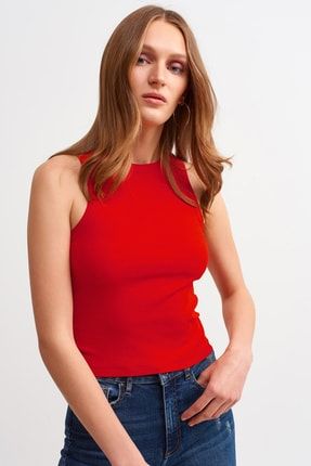 Kadın Kırmızı Fitilli T-shirt Halter Yaka Örme Atlet LAHALTER