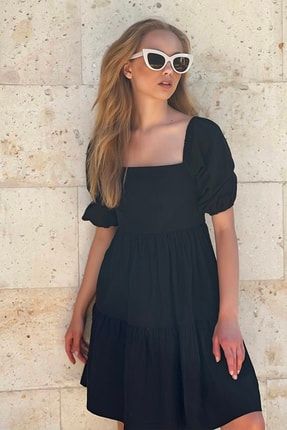 Kadın Siyah Kare Yaka Prenses Kol Volanlı Keten Elbise ALC-X8547