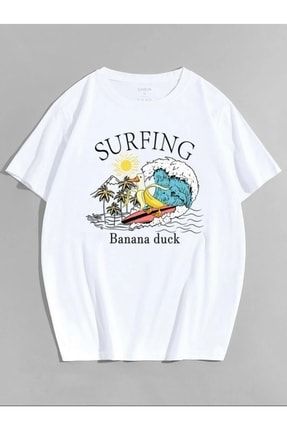 Oversize Unisex Surf Banana Duck Baskılı T-shirt %100 Pamuk mdl-newseason-s126