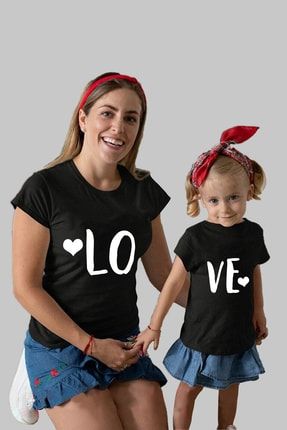 Lo Ve Baskılı Anne Kız Siyah Pamuklu Tişört Kombin Fiyat Tek Adet Tişört Içindir ANNE-KIZ-008