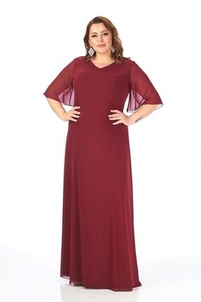 Kadın Büyük Beden Bordo Renkli Uzun Şifon Elbise 1041-2023