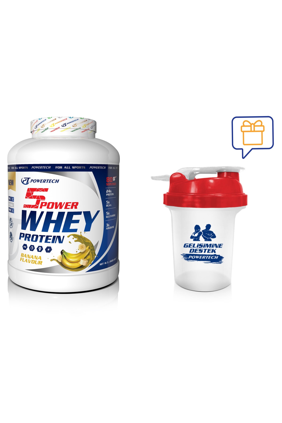 POWERTECH 5power Whey Protein 2400 Gr Muz Aromalı Protein Tozu Shaker