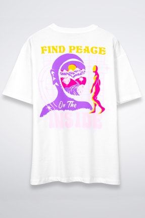 Find Peace Baskılı Beyaz Oversize Unisex Tshirt 816E0804