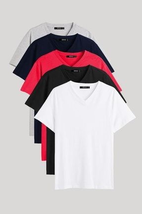 Erkek Çok Renkli T- Shirt Regular Fit Rahat Kesim V Yaka 5'li Basic Tişört Paketi MTLCOV36-5