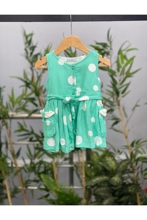 9ay-3yaş Kız Bebek Puantiye Jile Yeşil,beli Penye Kemerli,önü Açılabilir Düğmeli,astarlı LKBJ100071