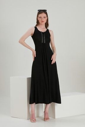Kadın Siyah U Yaka Maxi A-Form Fit Casual Dokuma A-Line Elbise YL-EL99222