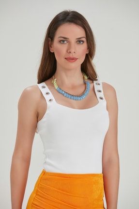 Kadın Beyaz Kare Yaka Midi Triko Kuş Gözlü Slim Fit Casual Bluz YL-BL99166