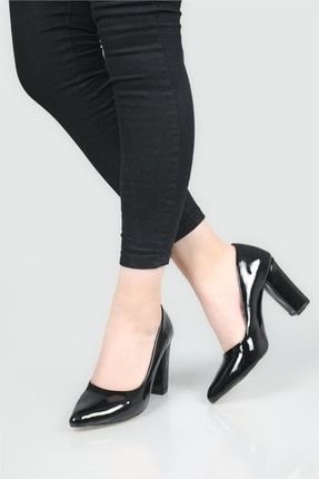 11 Cm Kalın Topuklu Siyah Rugan Kadın Ayakkabı Pare 09 CBPARE09CTY