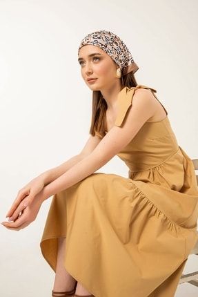 Yazlık Kadın Elbise Soft Kumaş Omuz Bağlama Detay - Bisküvi BGLM2006