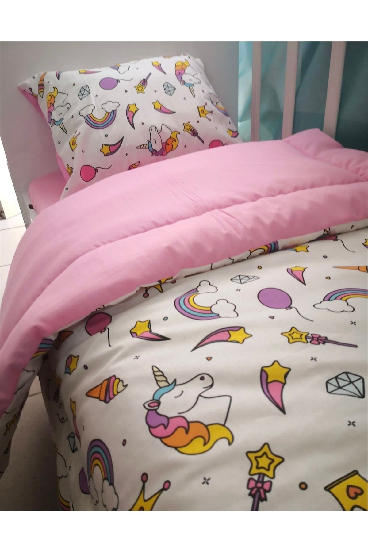 Babynia-Unicorn Pink - Set de lenjerie de pat pentru bebeluși și copii 100% bumbac, single 1