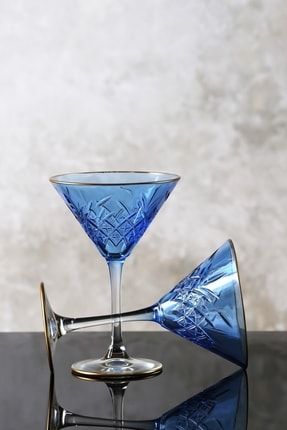 Yaldızlı Kristal Kesme Renkli Martini Bardağı Kadehi 2’li Set - Mavi morymartinimavi