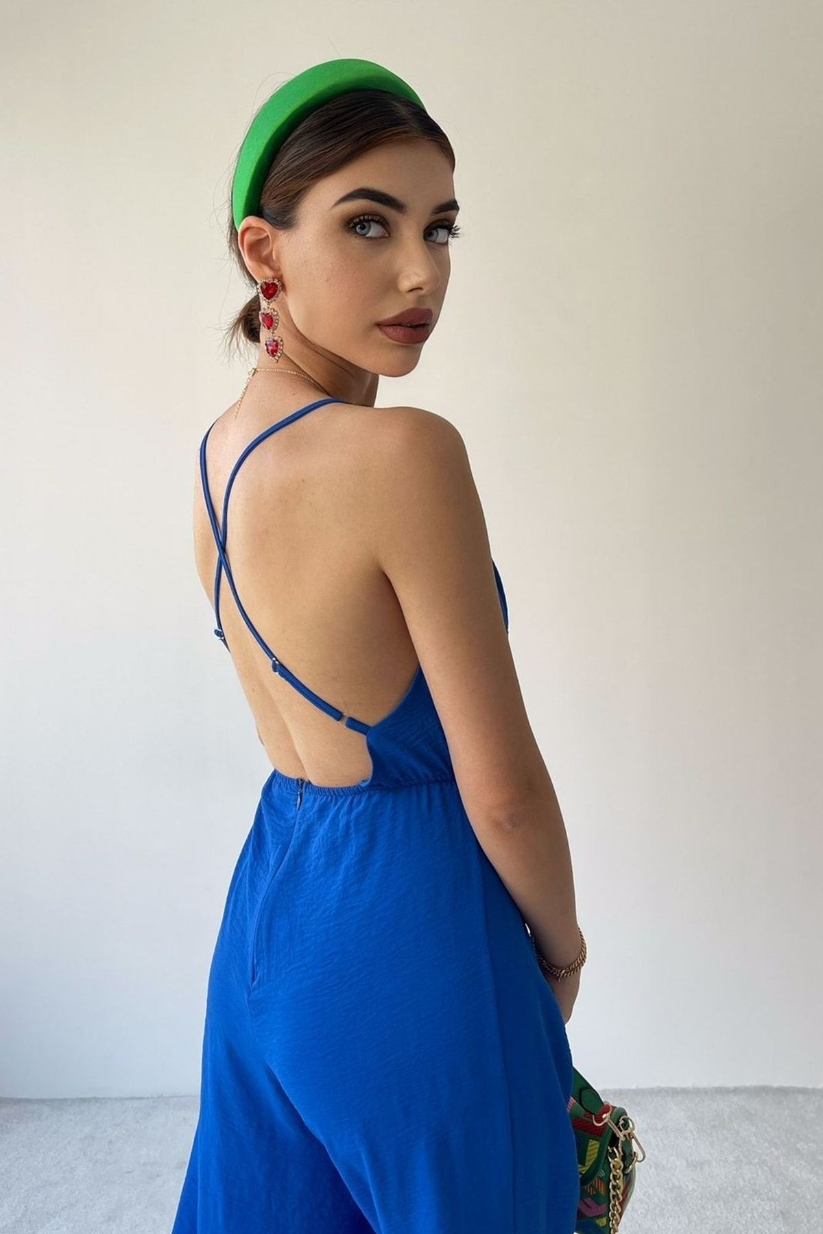Blue deals backless jumpsuit