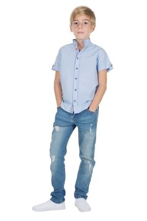 Silversun | Erkek Genç Mavi Renkli Kolları Düğme Detaylı Dokuma Gömlek | Gc 316243 20Y010001936-006