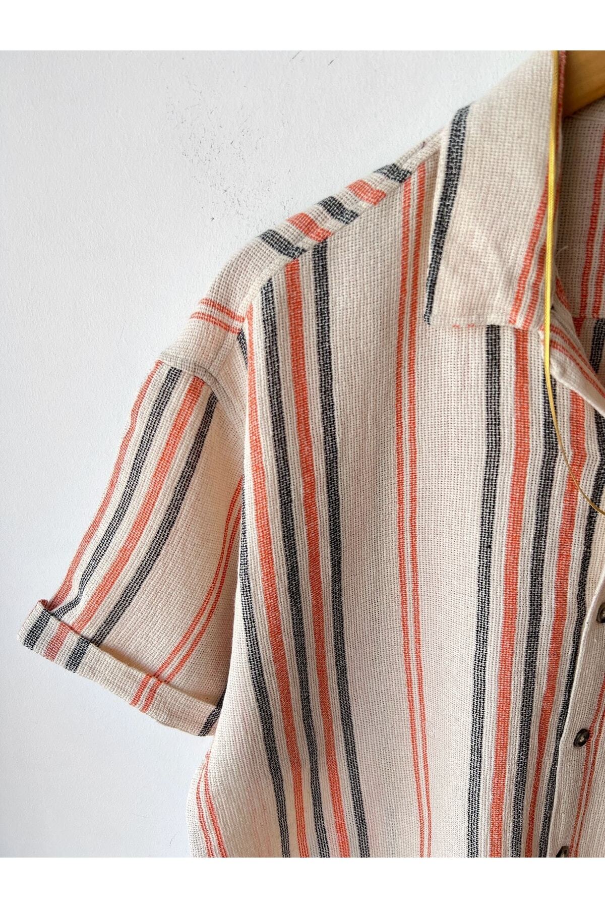 پیراهن  مردانه لینن بژ جوان پسند راه راه Oversize/اورسایز    بیسیک کژوال/روزمره | Hazhers 10496 - تصویر 2
