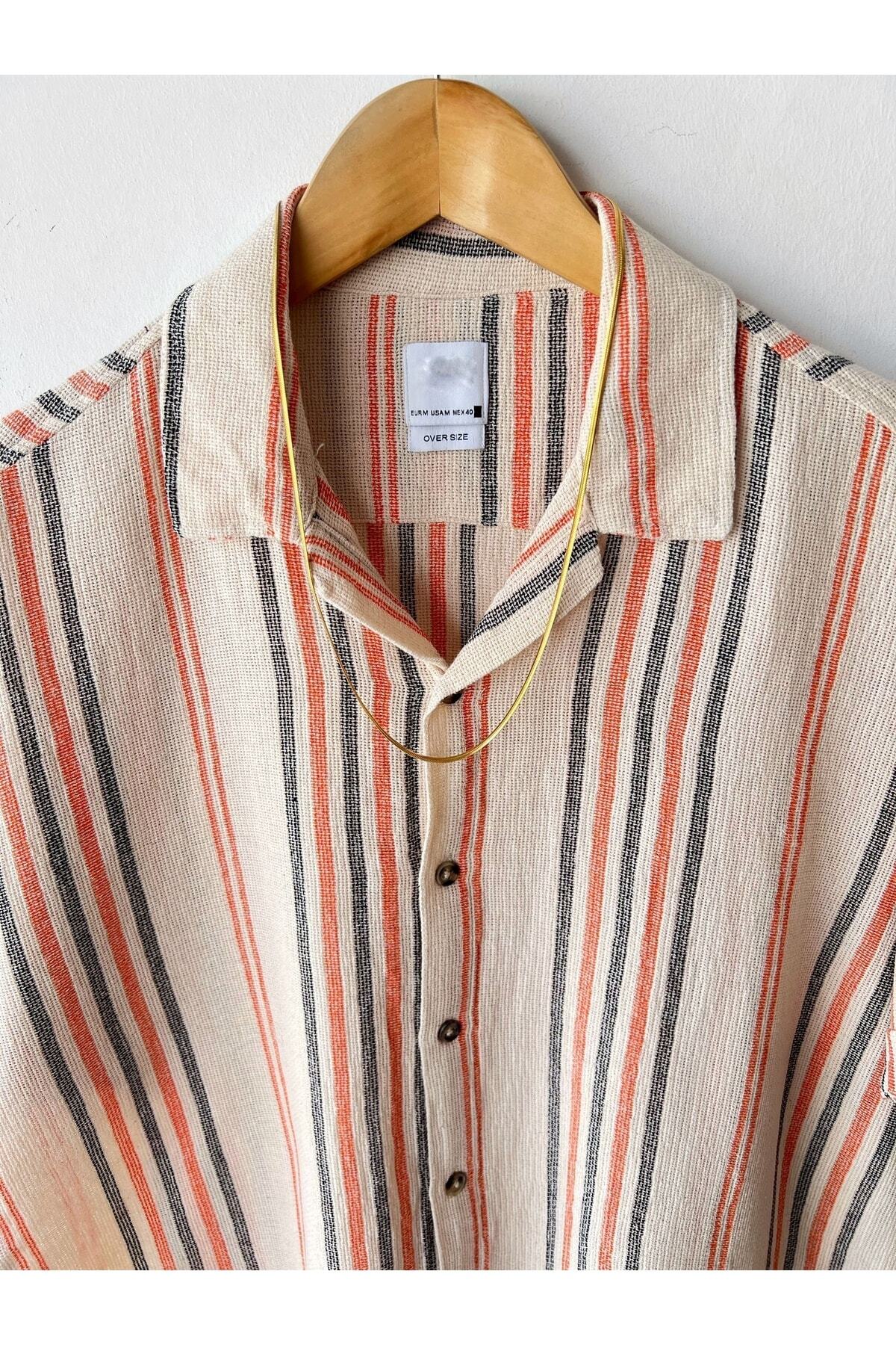 پیراهن  مردانه لینن بژ جوان پسند راه راه Oversize/اورسایز    بیسیک کژوال/روزمره | Hazhers 10496 - تصویر 4