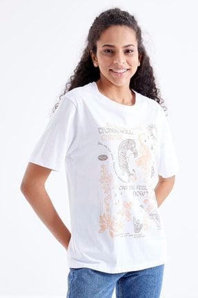 Beyaz Baskılı O Yaka Oversize Kadın T-shirt - 97210 T12BY-97210