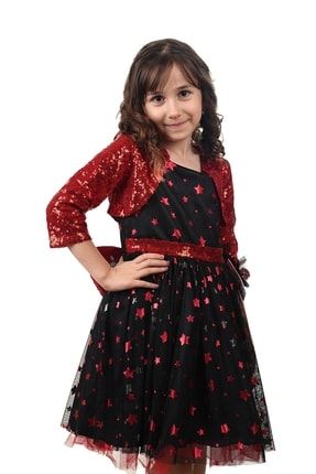 Kız Çocuk Tüllü Yıldızlı Bolerolu Kırmızı Abiye Elbise WLVSTRM00003