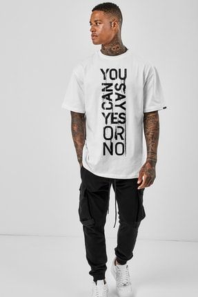 Azurco Oversize Yes Or No Baskılı Beyaz Tshirt OVRSZTSHRT168
