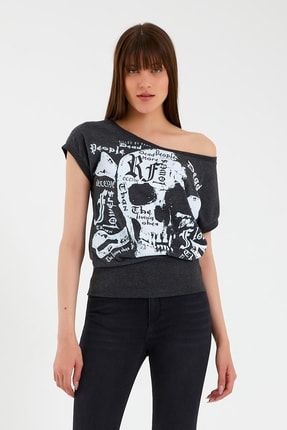 Kadın Kuru Kafa Baskılı Geniş Yakalı T-shirt Antrasit 3QHOX