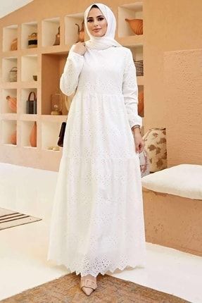 Güpürlü Elbise Boydan Astarlı Pamuk Kumaş Beyaz Dar Kalıp P1080S1674