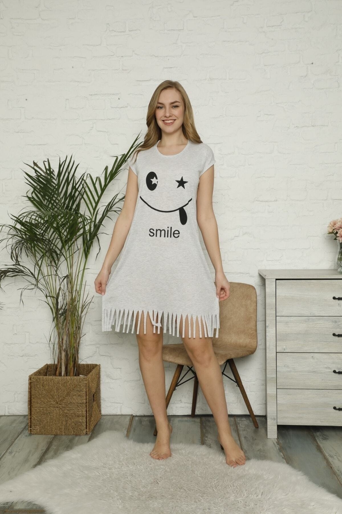 ZBTEKS Smile Desenli Penye Pamuklu Günlük Elbise