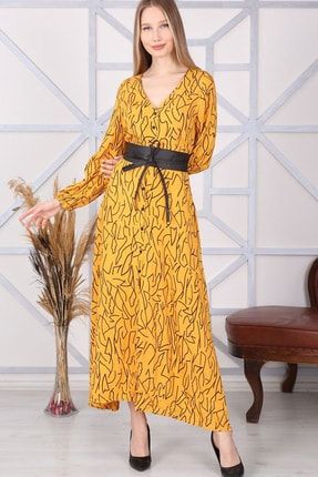 Sarı Damarlı Kemerli Gömlek Elbise TYC00100914578
