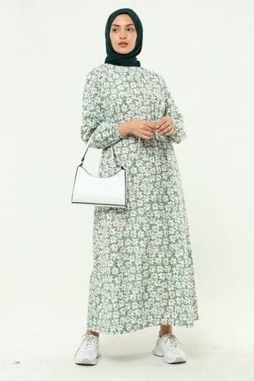 Kadın Çiçek Desenli Kemerli Kolu Büzgülü Yazlık Tesettür Elbise 5409