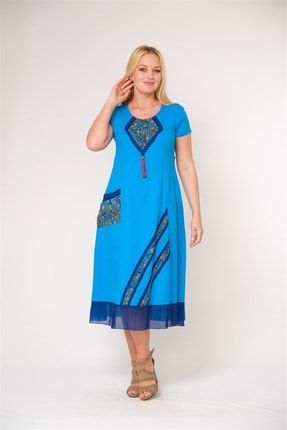 Kadın Yazlık Pamuklu Elbise Turkuaz - 90683